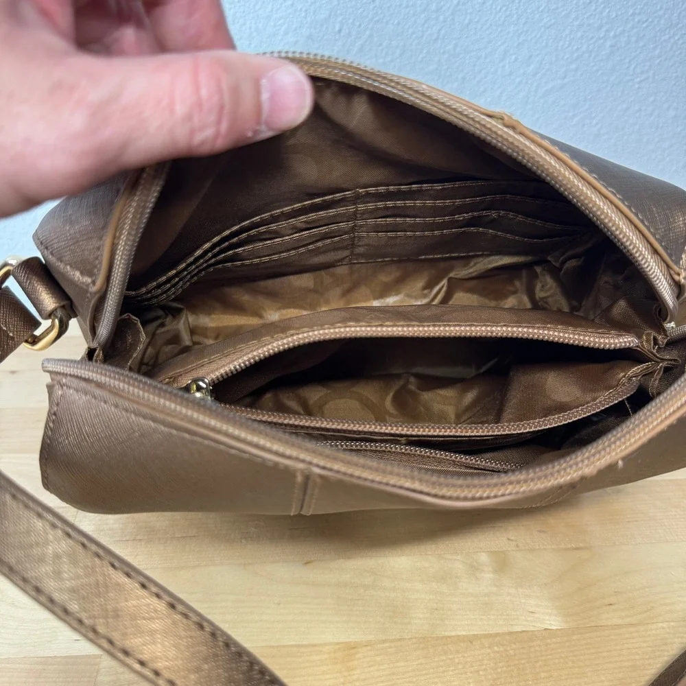 Joy‎ Mangano Bronze Metallic Saffiano Crossbody Bag RFID Organizer Gold Hardware